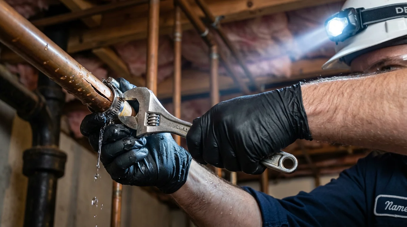 Emergency pipe clamp repair being performed by a Johns Plumbing LLC plumber in Watervliet
