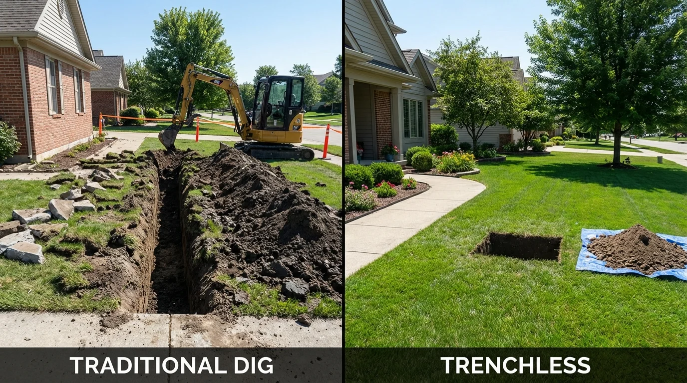 Trenchless sewer repair with minimal yard damage versus traditional excavation in Watervliet, MI