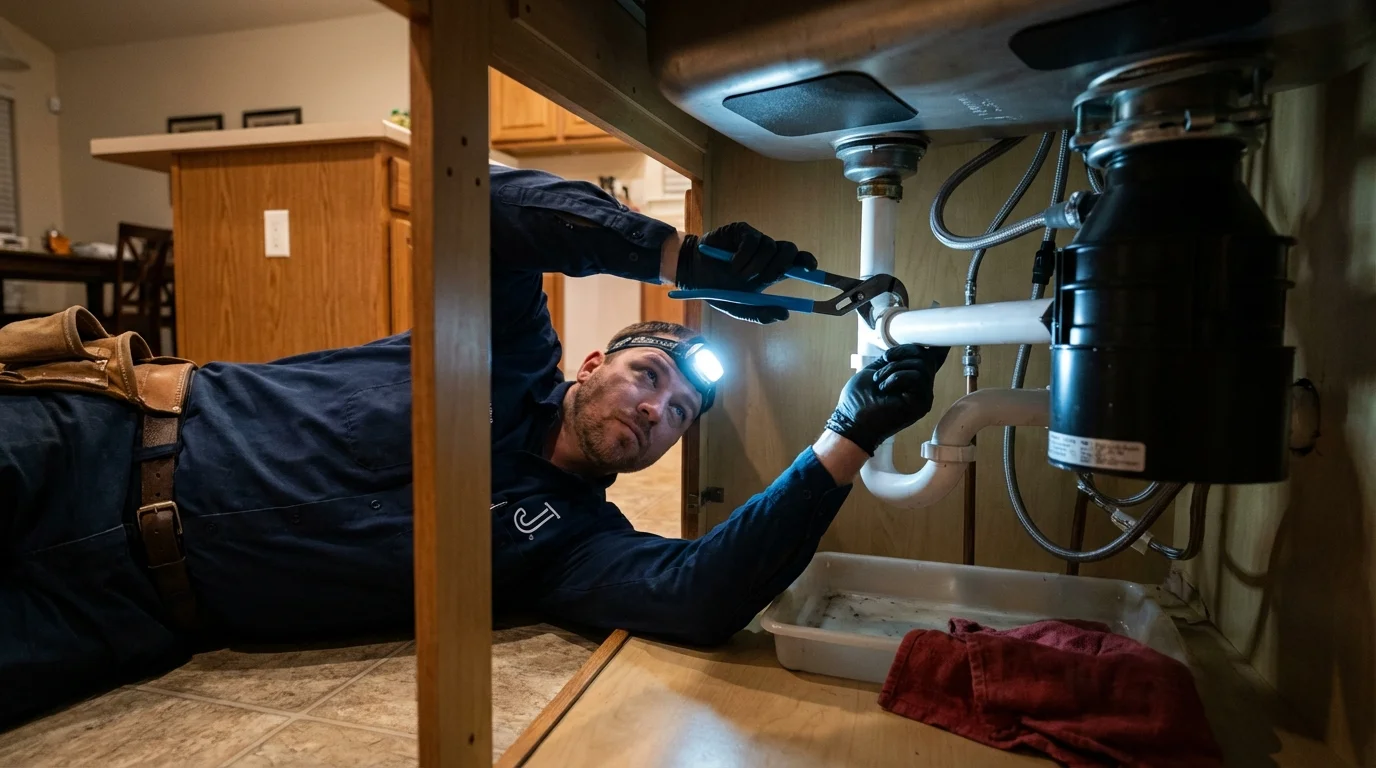 P-trap and supply line connections under a kitchen sink showing a common leak point in Watervliet, MI